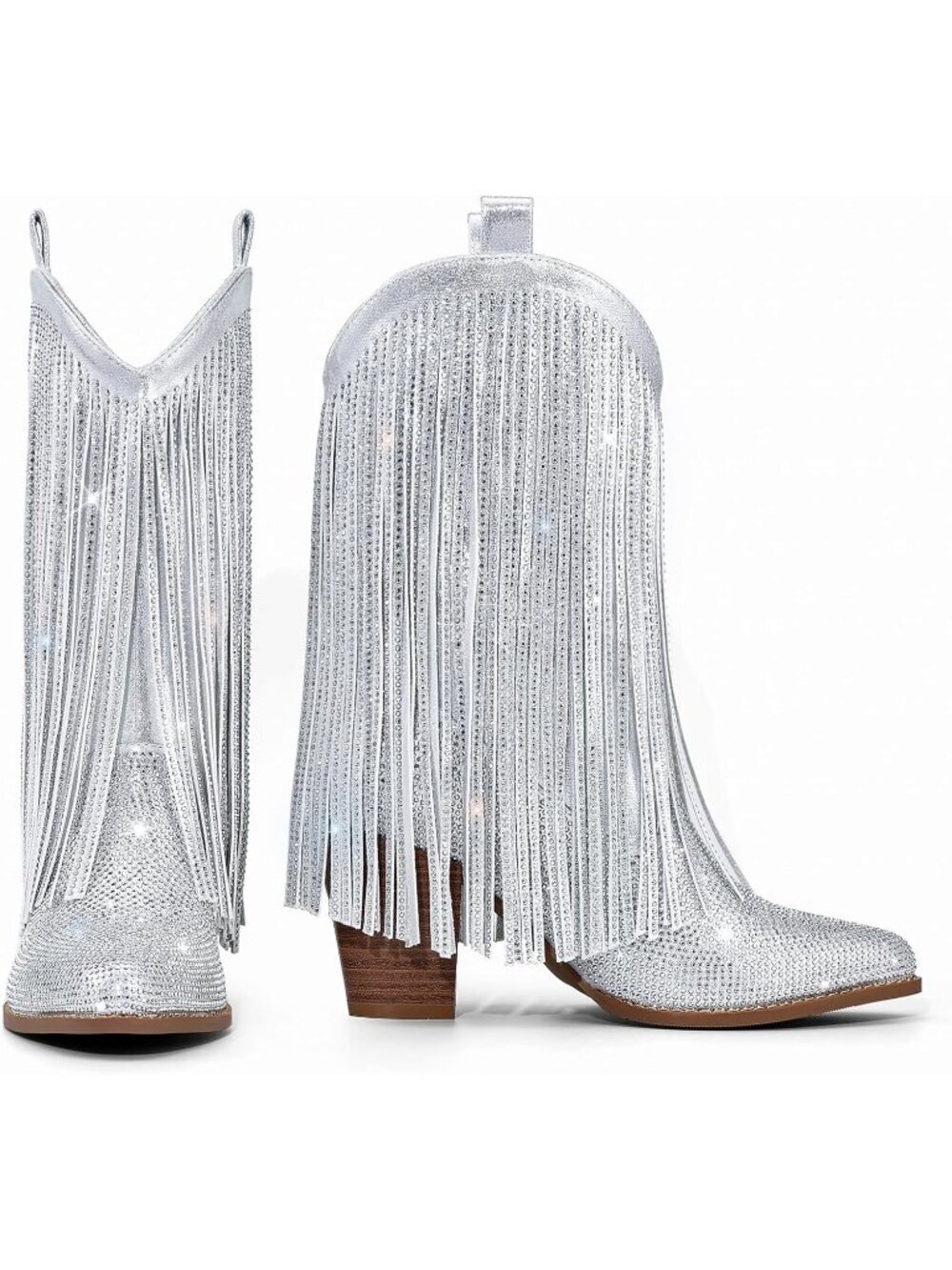 Women Shiny Silver Knit Sparkly Rhinestone Cowgirl Pointed Toe Heel Boot - Picture 4 of 6